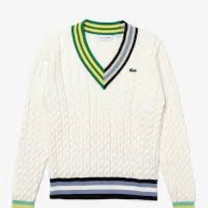 Lacoste White and Green  Heritage V-Neck Sweater